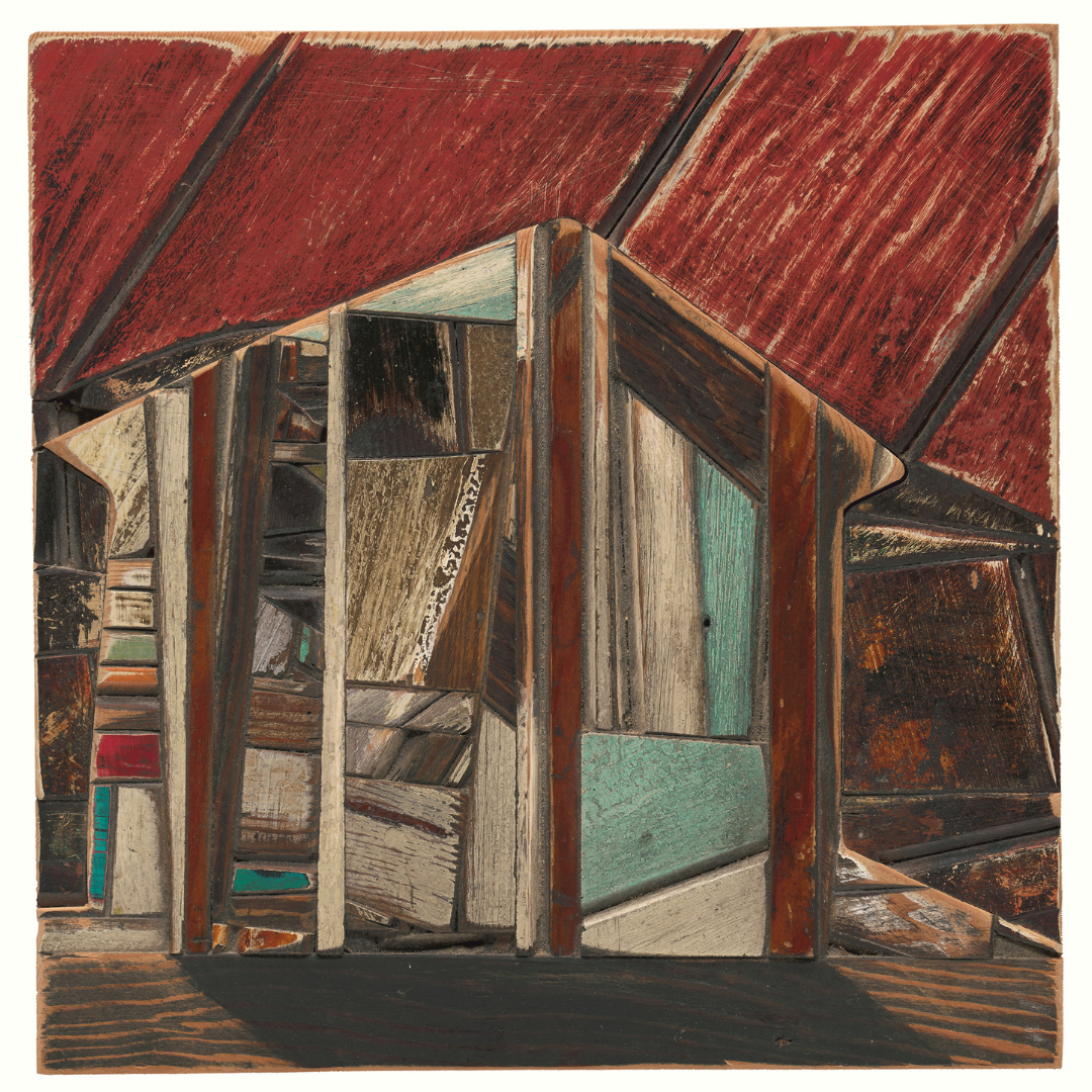 Abstract artwork with geometric shapes and a red roof