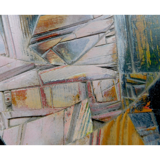 Abstract art piece close up with geometric shapes in various colors