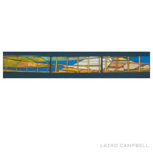Abstract artwork with geometric shapes in various colors on a white background, signed 'Laird Campbell'.