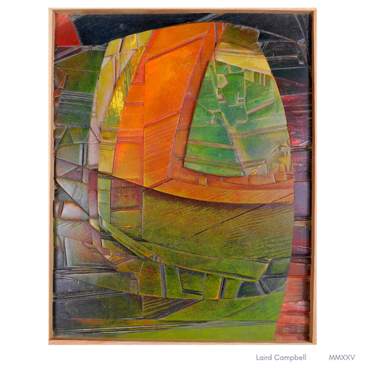 Abstract artwork with geometric shapes in orange, green, and brown on a white background