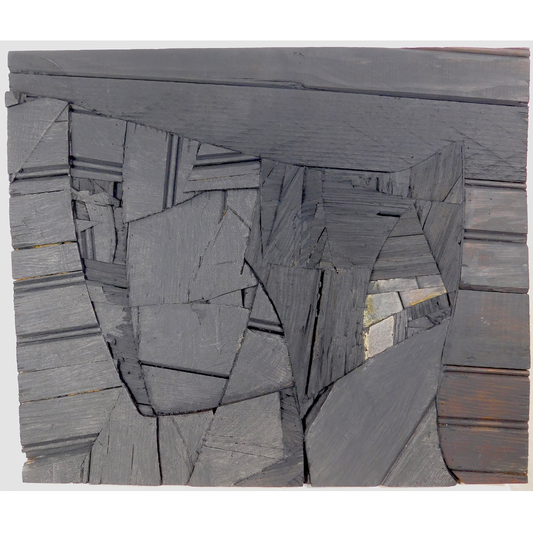 Abstract art piece (back) made of wooden pieces on a white background