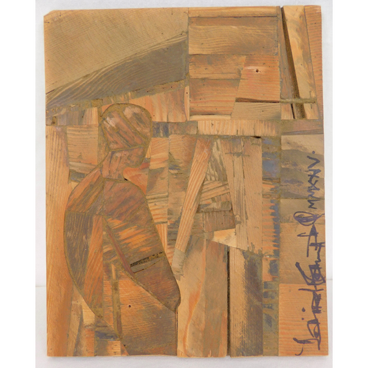 Pieced wooden panel with abstract patterns and silhouette of male figure in foreground