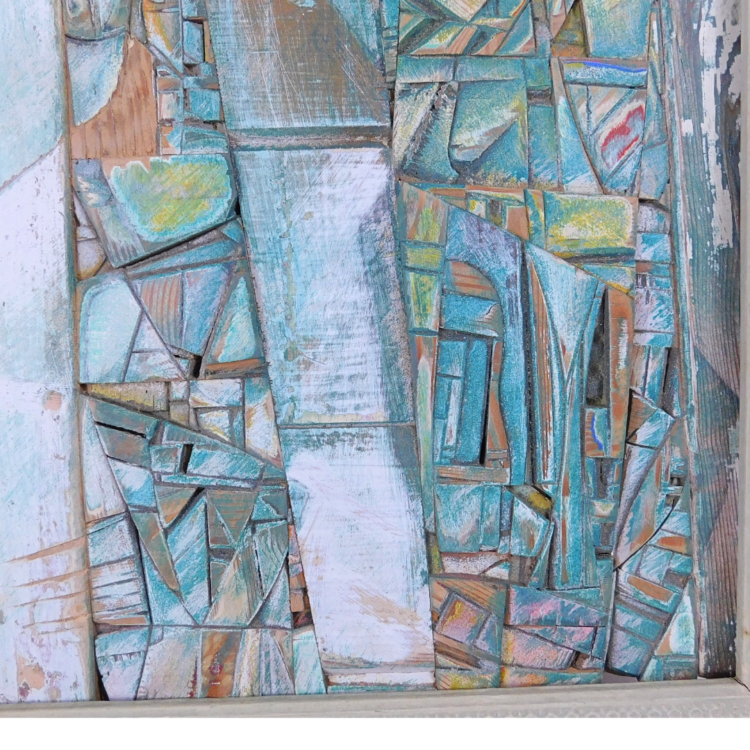 Abstract artwork with geometric shapes in blue, green, and brown tones.