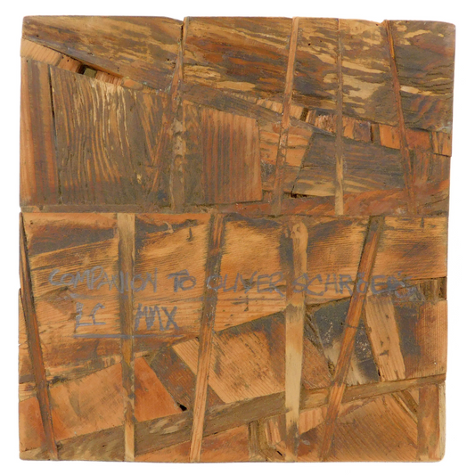 Wooden board of assembled abstract pieces - back of a wood assemblage artwork