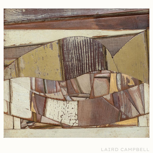 Abstract art piece with textured wooden panels in earthy tones by Laird Campbell.