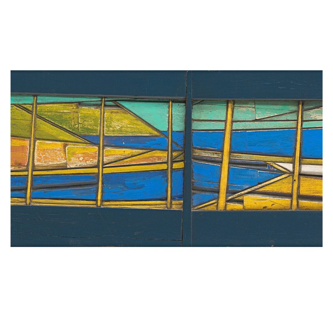 Two abstract art pieces with geometric shapes on a blue background - Close up of larger work.