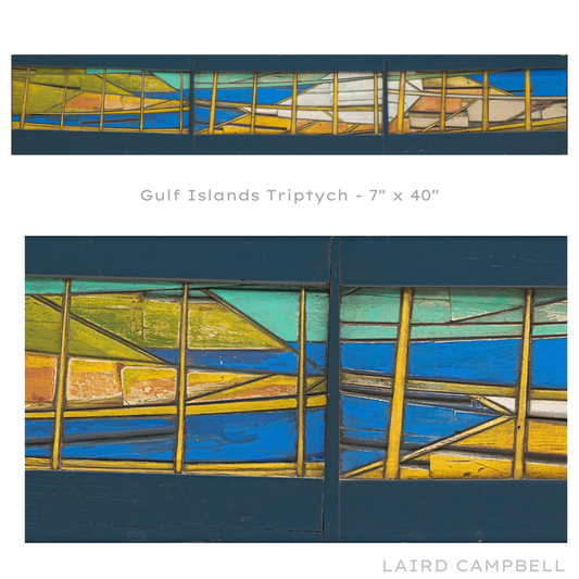 Gulf Islands Triptych artwork by Laird Campbell with abstract design and text.