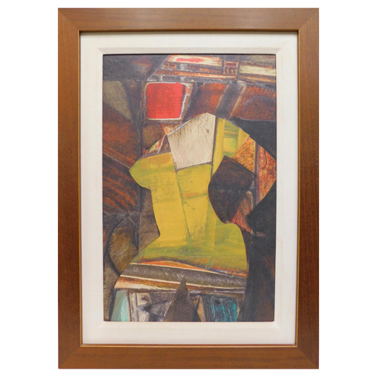 Framed abstract artwork with a wooden frame on a white background