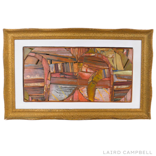 Abstract artwork with geometric shapes in earthy tones within a gold frame, labelled 'Laird Campbell'.