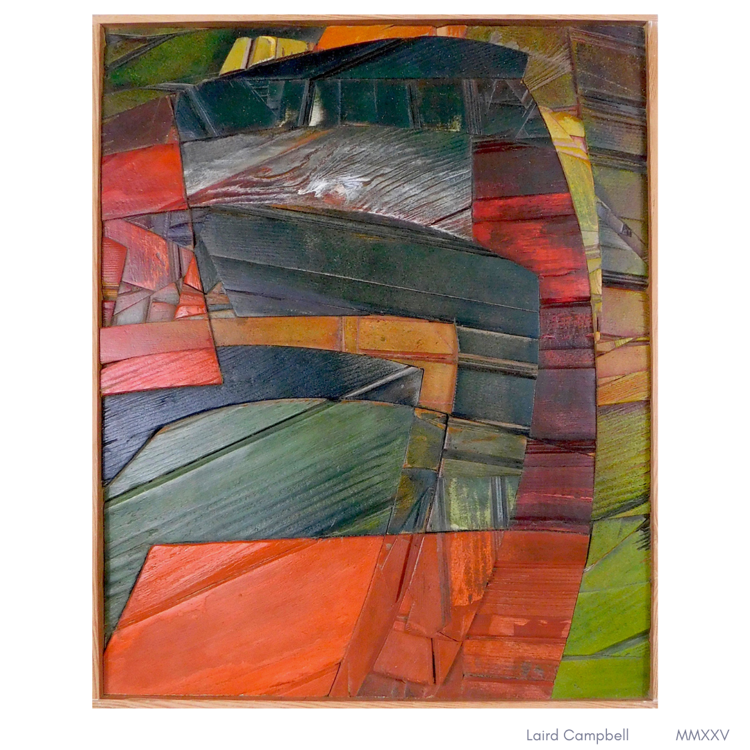 Abstract artwork with colorful geometric shapes and 'Laird Campbell' signature.