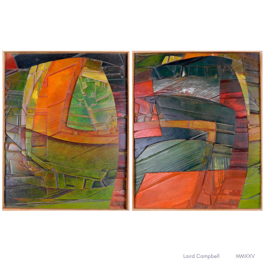 Abstract artwork divided into two panels with geometric shapes and vibrant colors on a white background.