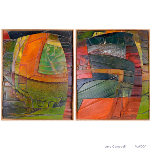Abstract artwork divided into two panels with geometric shapes and vibrant colors on a white background.