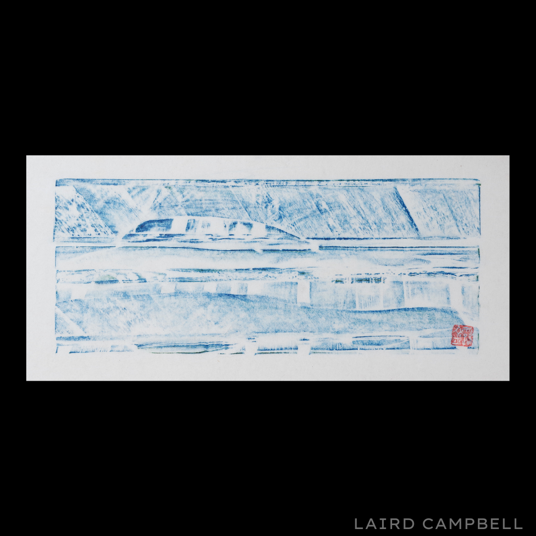 Abstract art piece with blue and white on a white background, signed 'Laird Campbell'.