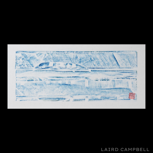 Abstract art piece with blue and white on a white background, signed 'Laird Campbell'.