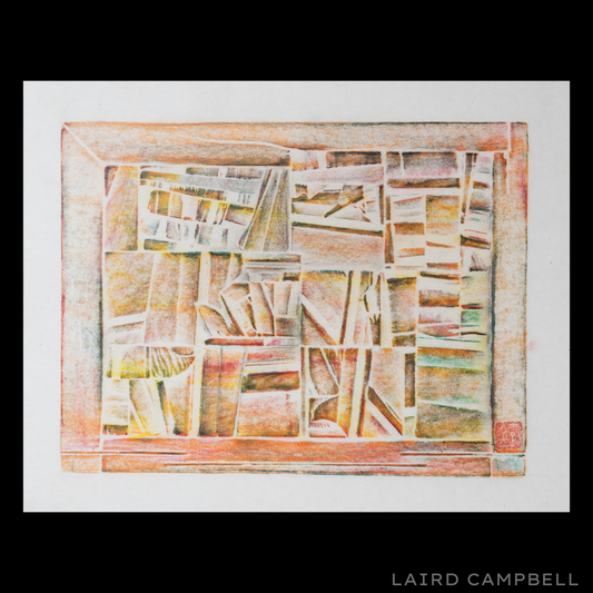 Abstract artwork with geometric shapes and colors on a white background, signed 'Laird Campbell'.