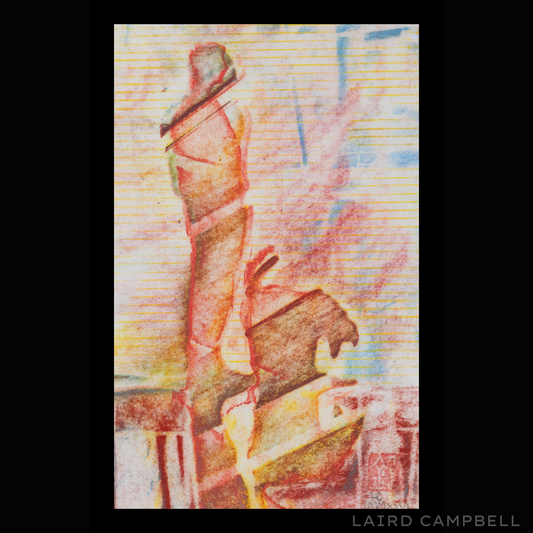 Abstract art with a person standing with a dog, soft pastel style, artist Laird Campbell.