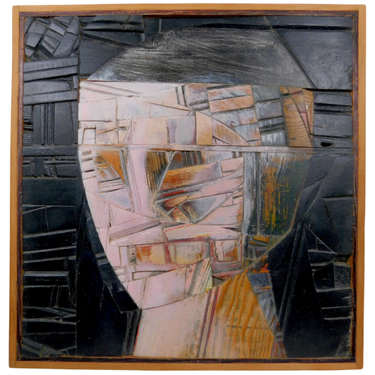 Abstract artwork with geometric shapes in a wooden frame