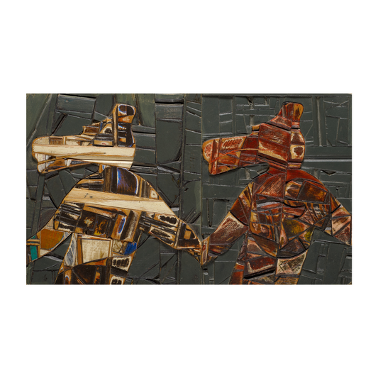 Abstract artwork of two textured figures in a handshake position on a textured background