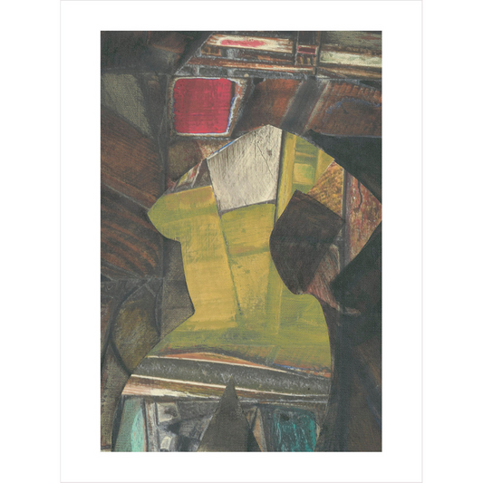 Abstract artwork with geometric shapes in shape of a woman's head, upper torso and thighs.