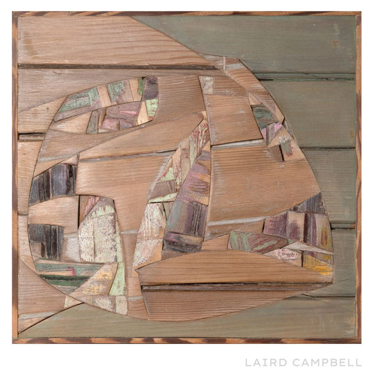 Abstract wooden sculpture with geometric shapes on a wooden background, artist 'Laird Campbell'.