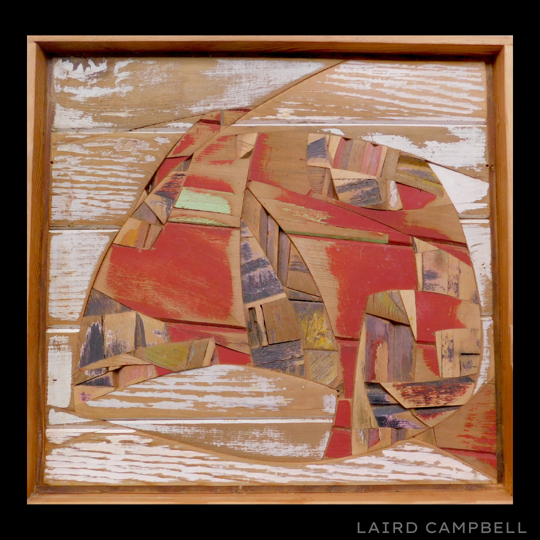 Abstract artwork Back View with geometric shapes in red, brown, and beige on a textured background, Artist Laird Campbell.