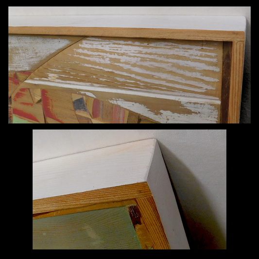 Close-up of a wooden frame with with a  white edge.