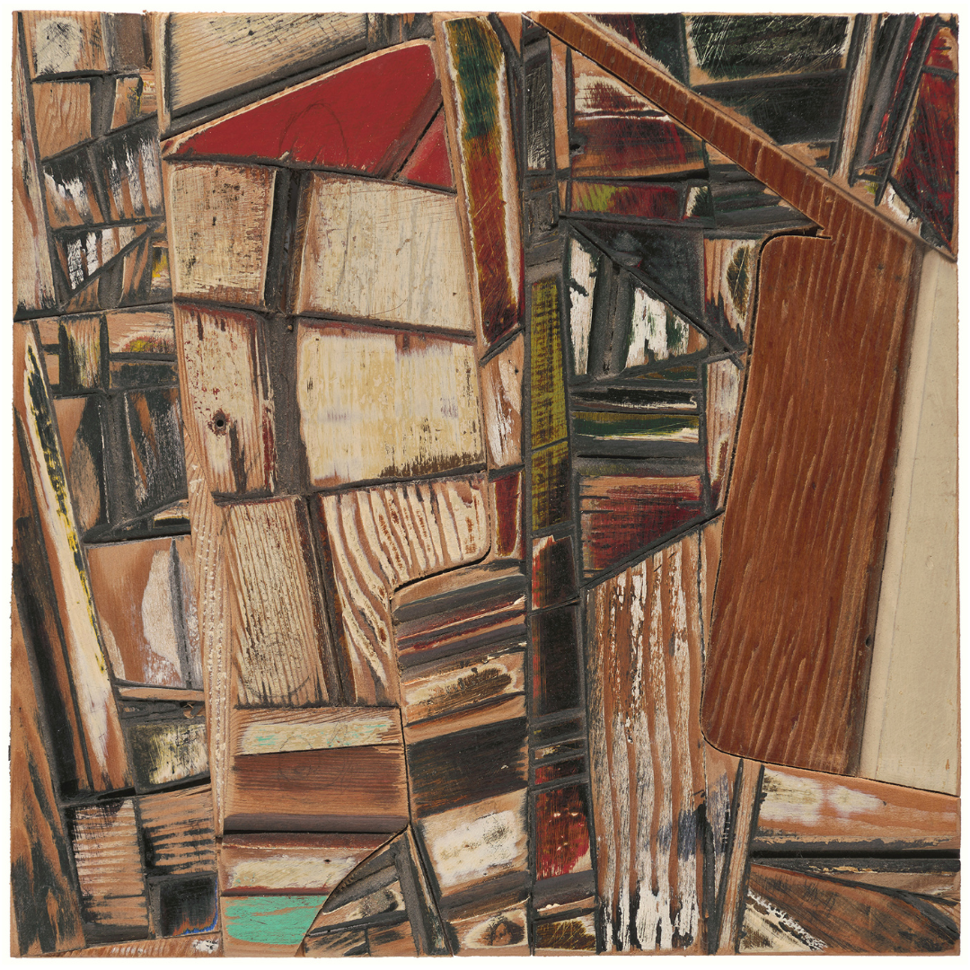 Abstract art piece with wooden pieces in various colors