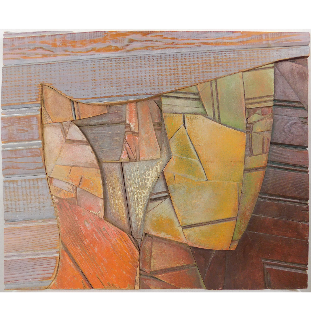Abstract art piece with geometric shapes in earthy tones on a textured background