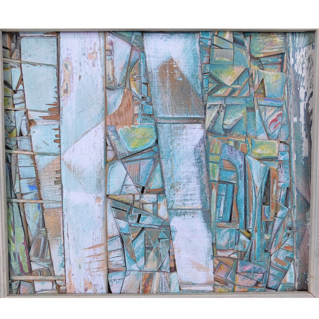 Abstract art piece with geometric shapes in blue, green, and brown tones.