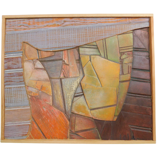 Abstract art piece with geometric shapes in earthy tones within a wooden frame.