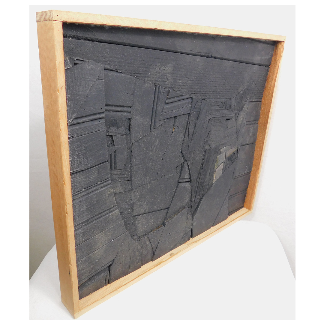 Abstract art piece (back) with a wooden frame on a white background