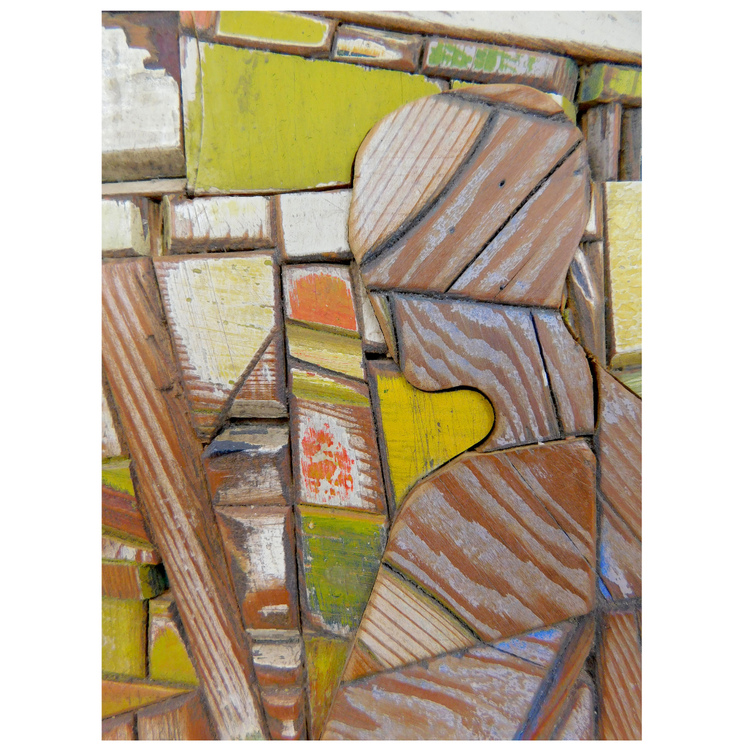 Mosaic artwork made from various colored pieces of wood - close up