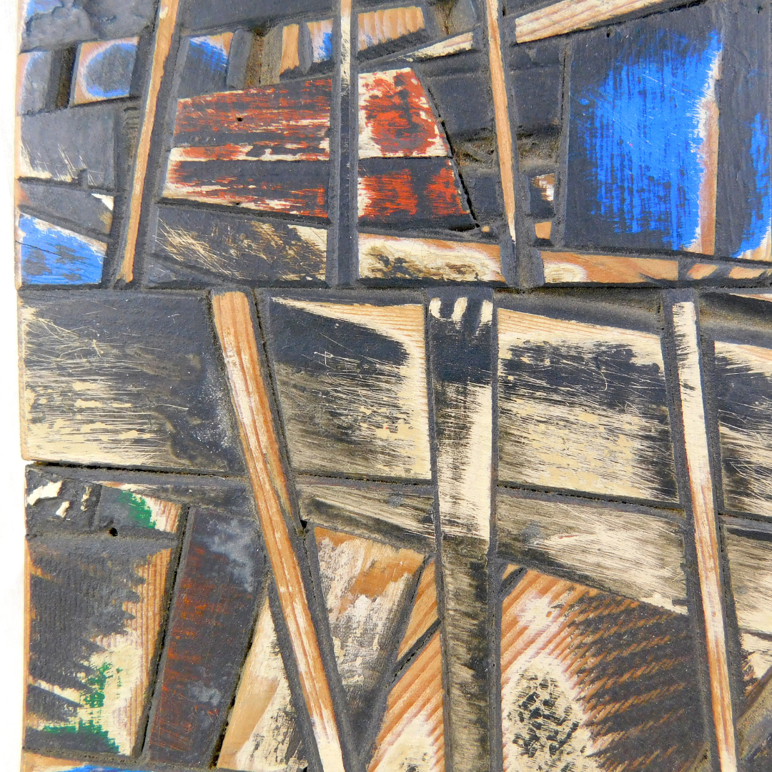 Abstract art piece with geometric shapes and earthy tones - close-up
