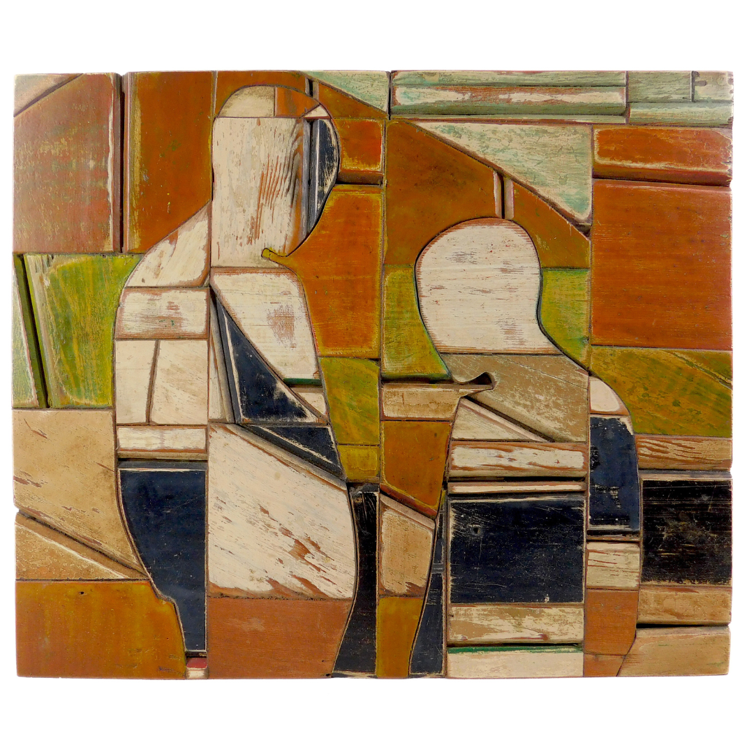 Abstract mosaic artwork with geometric shapes in earthy tones on a white background