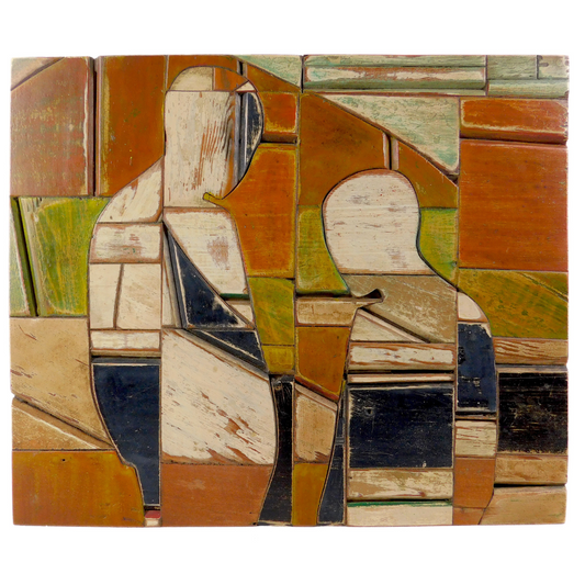 Abstract mosaic artwork with geometric shapes in earthy tones on a white background