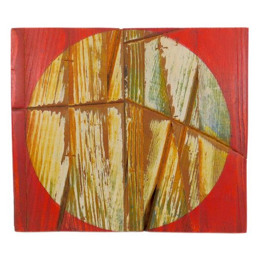 Wooden panel with circular design on a red background