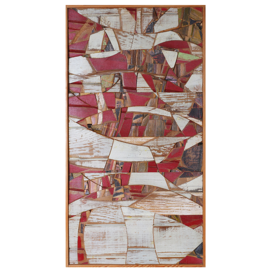 Abstract art piece with geometric shapes in red, white, and brown on a white background