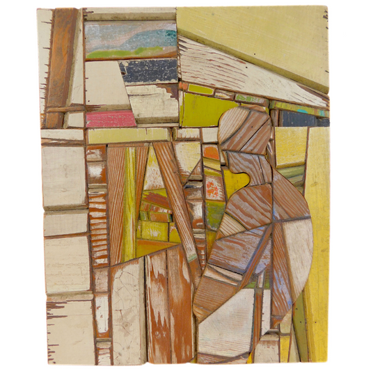 Abstract artwork with male figure in foreground made from assembled wood pieces 