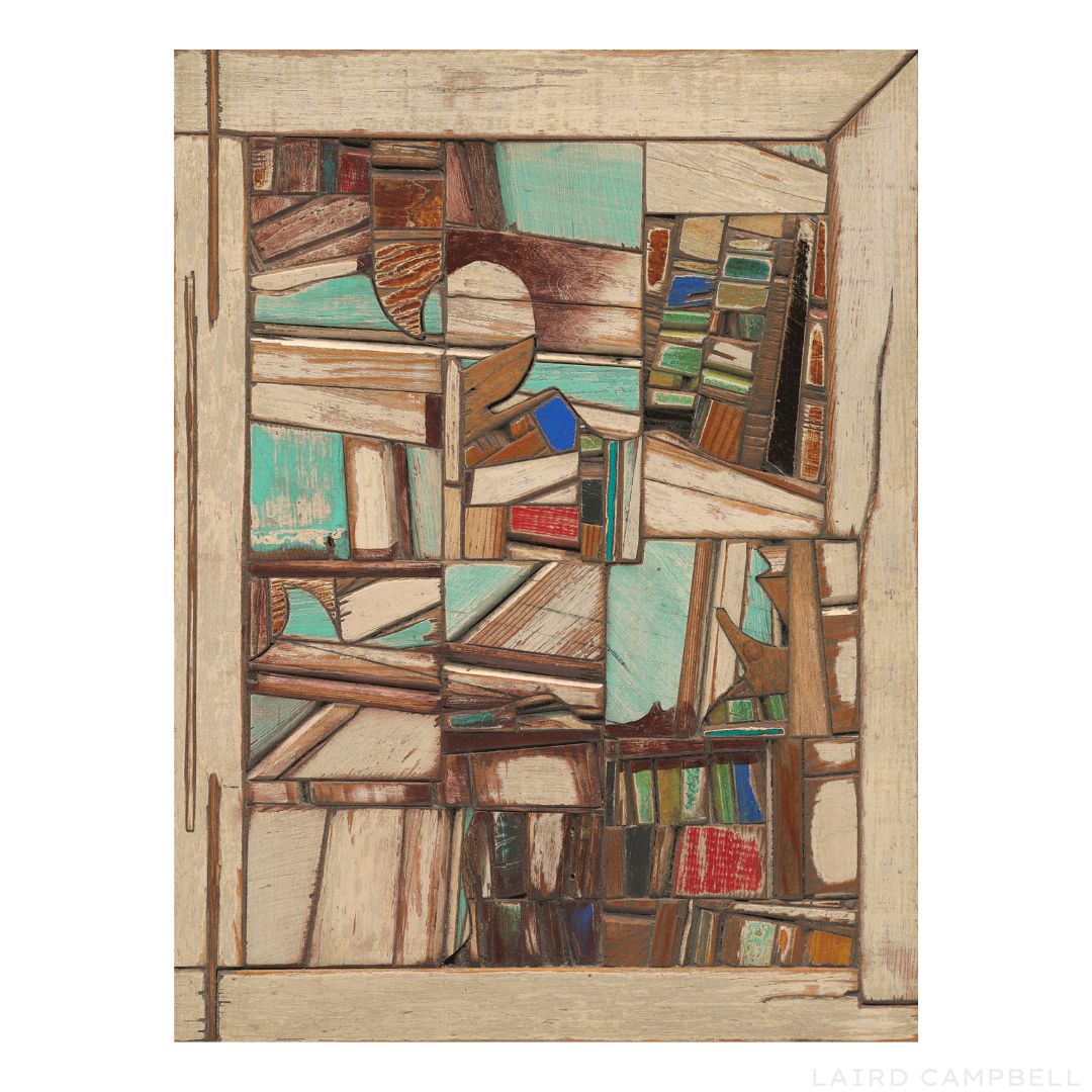 Abstract artwork with geometric shapes and earthy tones on a white background