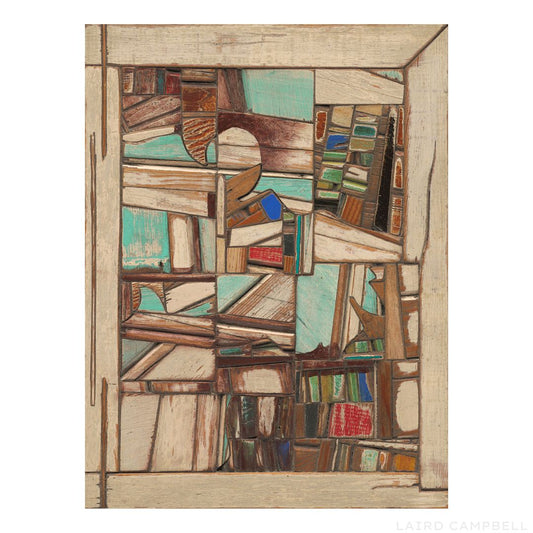 Abstract artwork with geometric shapes and earthy tones on a white background